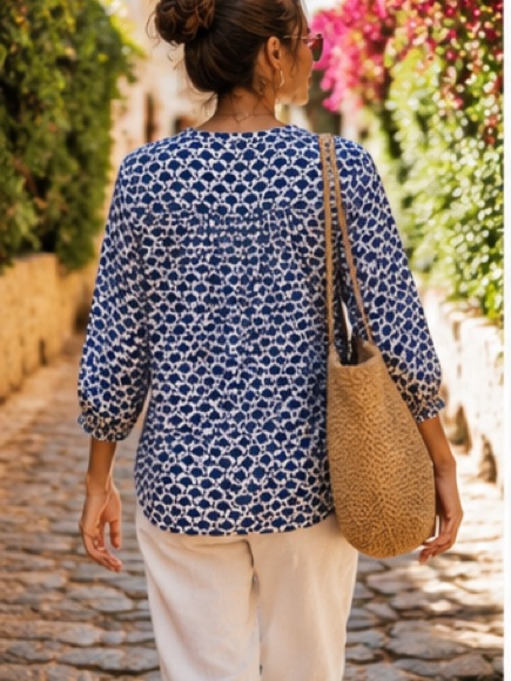 Velvet By Graham & Spencer Blue White Abstract Print Button Front 3/4 Sleeve Top - Picture 3 of 14